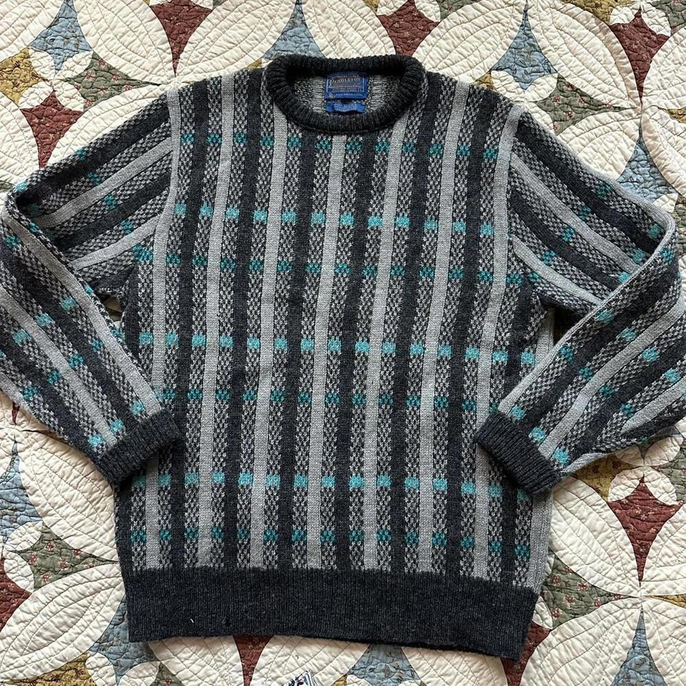 Grey & blue vintage 90s Pendleton 100% wool chunky coastal fisherman sweater